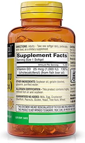 MASON NATURAL Vitamin D3 25 mcg (1000 IU) - Supports Overall Health, Strengthens Bones and Muscles, from Fish Liver Oil, 60 Softgels (Pack of 3)