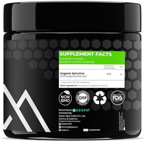 Spirulina 1100mg – Vegan Superfood Capsules for Heart, Immune & Energy Support – Plant-Based Protein &– 90 Capsules