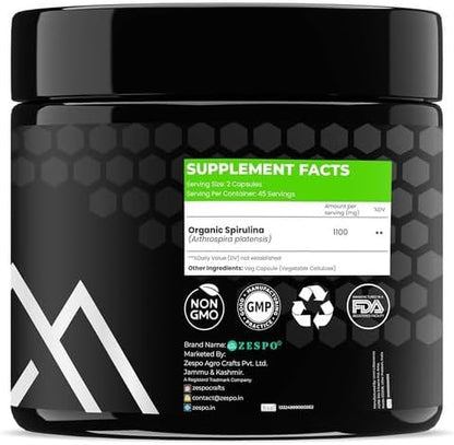 Spirulina 1100mg – Vegan Superfood Capsules for Heart, Immune & Energy Support – Plant-Based Protein &– 90 Capsules