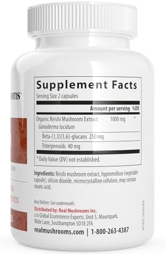 Real Mushrooms Reishi Capsules - Organic Mushroom Extract Supplement with Potent Red for Longevity, Mood, Sleep, Immune Support Vegan Supplement, Non-GMO, 200 Caps