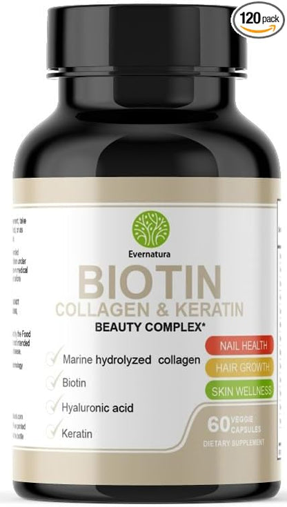 Evernatura Biotin Complex with Collagen, Keratin & Hyaluronic Acid, 120 Veggie Capsules, 25,000 Beauty Complex for Hair, Skin & Nail Health (1)
