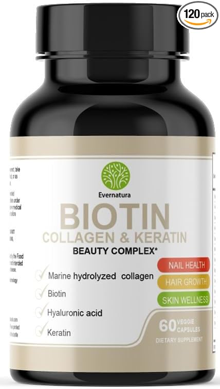 Evernatura Biotin Complex with Collagen, Keratin & Hyaluronic Acid, 120 Veggie Capsules, 25,000 Beauty Complex for Hair, Skin & Nail Health (1)