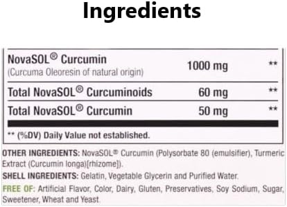 Turmeric Curcumin NovaSOL 1000mg - Nature's Joint Support Supplements - 185x Bioavailable Than Standard Curcumin - Natural Softgels