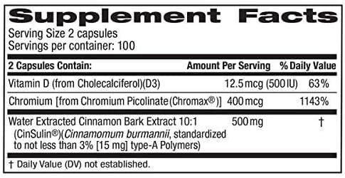 Advanced Strength Cinsulin Cinnamon, Chromium Picolinate, Vitamin D3 Cinnamon 500 Mg, Chromium Picolinate, 400 Mcg, Vitamin D3, 500 Iu, 200 Capsules
