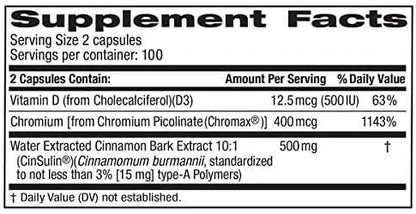 Advanced Strength Cinsulin Cinnamon, Chromium Picolinate, Vitamin D3 Cinnamon 500 Mg, Chromium Picolinate, 400 Mcg, Vitamin D3, 500 Iu, 200 Capsules