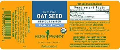 Herb Pharm Certified Organic Oat Seed Liquid Extract for Nervous System Support, Organic Cane Alcohol, 1 Fl Oz