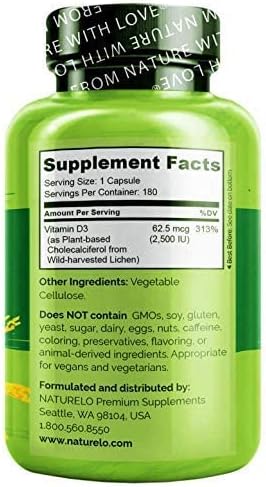 NATURELO Vitamin D - 2500 IU - Plant Based from Lichen - Natural D3 Supplement for Immune System, Bone Support, Joint Health - Vegan - Non-GMO - Gluten Free - 180 Capsules (Pack of 2)