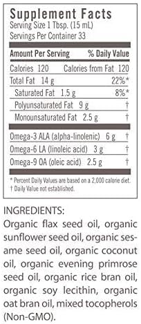 Flora - Udo's Choice Omega 369 Oil Blend, Made with Organic Flax, Sesame & Sunflower Seed Oils, Plant-Based Vegan Omega Fatty Acids, Based on Ideal 2:1:1 Ratio, 17-fl, oz. Glass Bottle