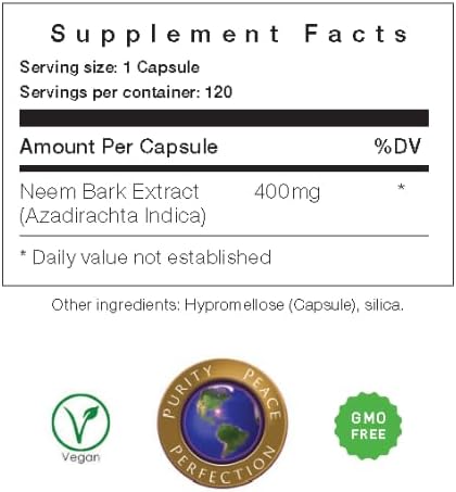 Neem Bark Capsules 400 mg Organic Fresh Ground Neem Bark Powder Grown in America 120 Count & Made in USA Vegan