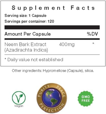 Neem Bark Capsules 400 mg Organic Fresh Ground Neem Bark Powder Grown in America 120 Count & Made in USA Vegan