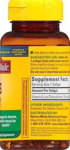 Nature Made Vitamin D3 2000 IU (50 mcg), Dietary Supplement for Bone, Teeth, Muscle and Immune Health Support, 90 Softgels, 90 Day Supply (Pack of 2)