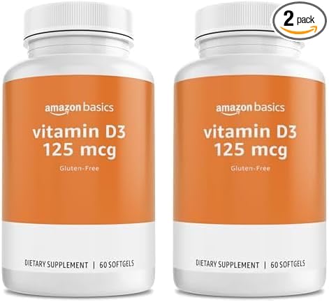 Amazon Basics Vitamin D3 125 mcg, 60 Softgels (1 per Serving), Gluten Free (Pack of 2)