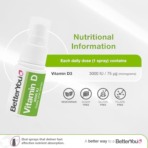 BetterYou D3000 Vitamin D Oral Spray - Convenient Alternative for Tablets - Promotes Strong Bones, Teeth and Immune System - Aids in Calcium Absorption - Natural Peppermint Flavor - 0.5 oz