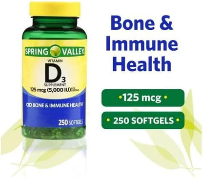 Vitamin D3 5000iu, 125 mcg per Softgel, Healthy Muscle Function, and Immune Support, Non-GMO, Gluten Free and Dairy Free Vitamin D Supplement, 250 Count