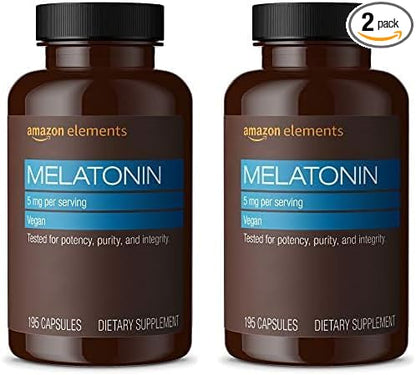 Amazon Elements - Melatonin 5mg Capsules, Helps with Occasional sleeplessness, Vegan, Unflavored, 195 Count (Pack of 2), 6 Month Supply (Packaging May Vary)