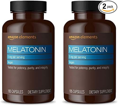 Amazon Elements - Melatonin 5mg Capsules, Helps with Occasional sleeplessness, Vegan, Unflavored, 195 Count (Pack of 2), 6 Month Supply (Packaging May Vary)
