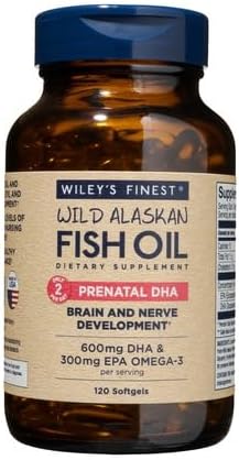 Wiley's Finest Wild Alaskan Fish Oil Prenatal DHA - 900mg EPA and DHA Omega-3s for Pregnant Women and Nursing Mothers - 120 Softgels (60 Prenatal Vitamin Servings)