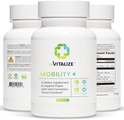 REVITALIZE Mobility + Advanced Joint & Connective Tissue Support Formula Inflammation, Joint Care & Relief, Heart & Immune Support, Perna Canaliculus, Glucosamine, MSM, DMG- 90 Tablets