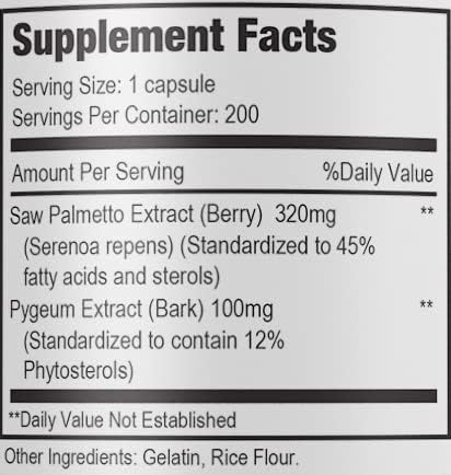 Pygeum and Saw Palmetto 200 Capsules - 100mg Pygeum & 320mg Saw Palmetto - Men’s Health - Prostate & Urinary Health Supplement
