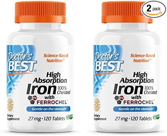 Doctor's Best High Absorption Iron Tablet with Ferrochel, Gentle on The Stomach, Immune Health, Blood Health, 27 mg (Pack of 2)