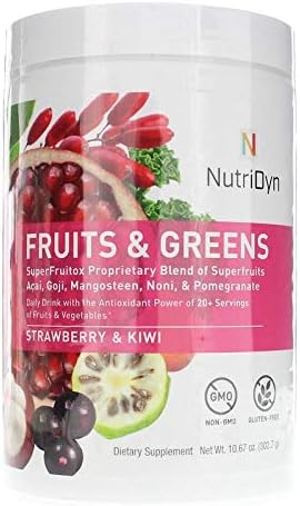 NutriDyn Fruits & Greens Strawberry/Kiwi Flavor *Certified Organic* w/ Acai, Gogi, Mangosteen, Noni & Pomegranate Super Fruits 300 Grams (Strawberry Kiki)