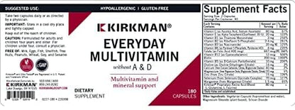 Kirkman - Everyday Multivitamin Without Vitamins A & D - 180 Capsules - Comprehensive Multivitamin - Mineral Support - Hypoallergenic
