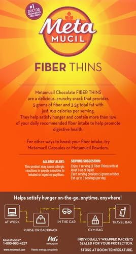 Metamucil Fiber Thins, Psyllium Husk Fiber Supplement, Digestive Health Support and Satisfy Hunger, Chocolate Flavored, 12 Servings (Pack of 2)