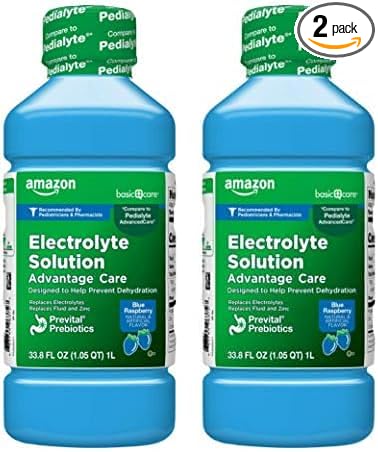 Amazon Basic Care Electrolyte Solution Advantage Care with PreVital Prebiotics, Blue Raspberry, Designed to Help Prevent Dehydration, Replaces Electrolytes, Fluid and Zinc, 33.8 fl oz (Pack of 2)