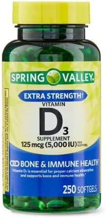 Vitamin D3 5000iu, 125 mcg per Softgel, Healthy Muscle Function, and Immune Support, Non-GMO, Gluten Free and Dairy Free Vitamin D Supplement, 250 Count