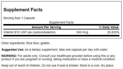 Swanson Vitamin B-12 (Cyanocobalamin) Energy Cardivascular Health Support 500 mcg 100 Capsules