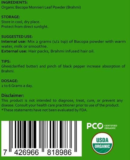 Organic Bacopa Powder (Brahmi Leaf), Certified Organic Ayurveda Superfood, Hair and Brain Tonic, Resealable Pouch of 8 oz