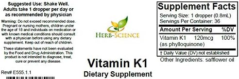Vitamin K1 Drops - Pure Cold-Processed VIT K1 & Safflower Oil Supplement - Supports Blood, Bone, Skin Health - Drops for Oral & External Use - No Alcohol, Vegan, 1 Fl oz, 36 Servings