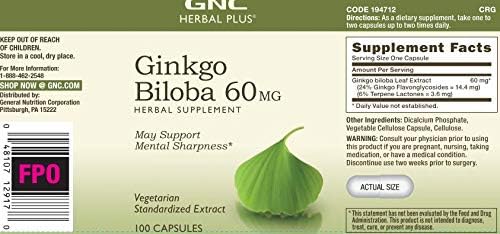 GNC Herbal Plus Ginkgo Biloba 60mg Supplement, Vegetarian, Supports Mental Sharpness, 100 Servings