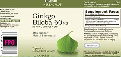 GNC Herbal Plus Ginkgo Biloba 60mg Supplement, Vegetarian, Supports Mental Sharpness, 100 Servings