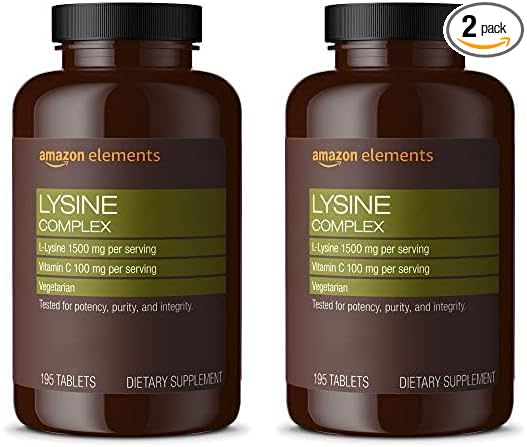 Amazon Elements Lysine Complex with Vitamin C for Immune Health Support, Vegetarian, 65 Servings, 195 Count (Packaging May Vary) (Pack of 2)