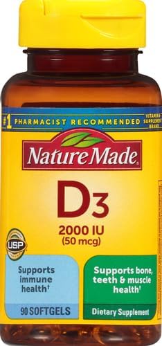 Nature Made Vitamin D3 2000 IU (50 mcg), Dietary Supplement for Bone, Teeth, Muscle and Immune Health Support, 90 Softgels, 90 Day Supply (Pack of 2)