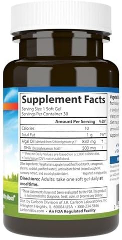 Carlson - Vegetarian DHA, 500 mg DHA, Plant Based, Sustainably Sourced from Algae, Brain Support, Mood Health, 30 Softgels