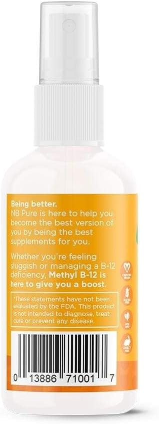 nbpure Organic & Vegan Vitamin Methyl B12 Spray – Natural Energy, Mood, & Nerve System Support for Women, Men, Kids – 500mcg Liquid Methylcobalamin Per Spray