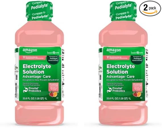 Amazon Basic Care Advantage Care Electrolyte Solution with Prevital Prebiotics, Strawberry Lemonade, Hydration Drink, Replenish Electrolytes, Fluid & Zinc, 33.8 Fl Oz (Pack of 2)