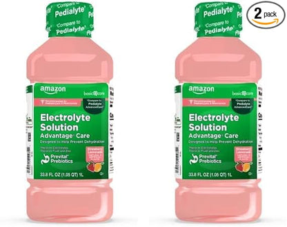 Amazon Basic Care Advantage Care Electrolyte Solution with Prevital Prebiotics, Strawberry Lemonade, Hydration Drink, Replenish Electrolytes, Fluid & Zinc, 33.8 Fl Oz (Pack of 2)
