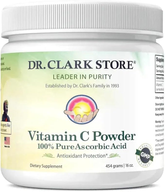 Dr Clark Vitamin C Powder Ascorbic Acid - Immune Support Supplement, Gluten Free, Potent antioxidant, Supports Brain Function, Promotes Tissue Formation and Repair, 454gm | 16oz