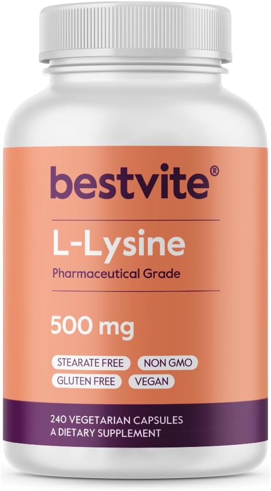 BESTVITE L-Lysine 500mg per Capsule (240 Vegetarian Capsules) - No Stearates - No Fillers - No Flow Agents - Vegan - Non GMO - Gluten Free - No Stearic Acid - No Dicalcium Phosphate