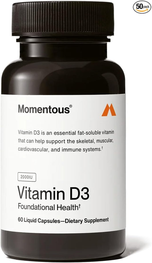 Momentous Vitamin D3 Supplement - 2000 IU Capsules for Foundational Health Support - NSF Certified, Gluten Free, 60 Servings