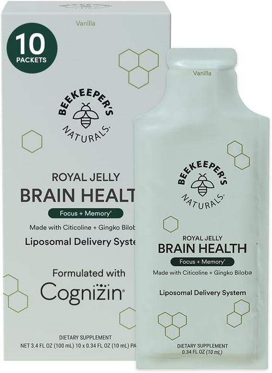 Nootropic Brain supplement by Beekeeper's Naturals, 500mg Citocoline, Ginkgo Biloba, Bacopa Monnieri & Royal Jelly, Supports Focus & Memory, Easier Absorption, Plus a Tasty Vanilla Flavor, 10ct