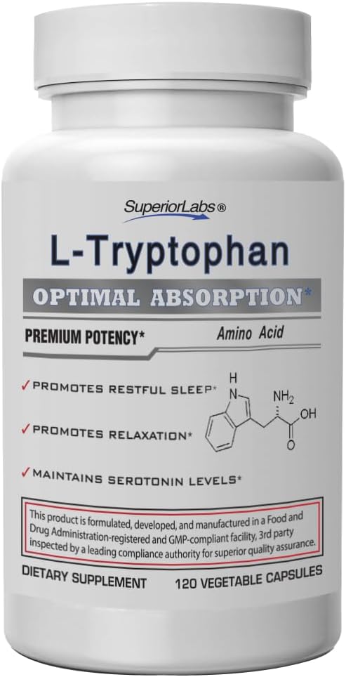 Superior Labs – Pure L-Tryptophan – 500mg, 120 Vegetable Capsules – Non-GMO Dietary Supplement for Restful Sleep & Relaxation – Supports Feelings of Well Being and Healthy Circulation Circulation