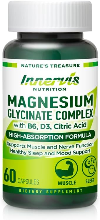 Magnesium Glycinate Complex 60 Capsules with Vitamin B6, D3, Citric Acid Supplement for Muscle, Bones, Sleep, Energy