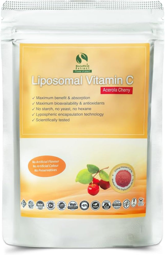 Bionutricia Liposomal Vitamin C with Acerola Cherry Extract Powder (Water Soluble) Immune & Collagen Support, Two-Stage for High Absorption & Antioxidant, No Sugar & Non GMO 5.29Ounce