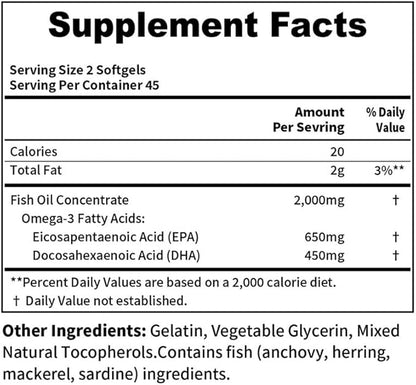 Omega 3 Fish Oil 1000mg, EPA DHA Triple Strength for Heart, Eye, Brain, Joint Health, 90 Softgels