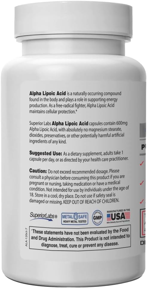 Superior Labs Alpha Lipoic Acid - Pure Non-GMO ALA 600mg (4 Month Supply) 120 Servings - Zero Synthetic Additives - Supports Healthy Aging, Nerve Health, Tingling Feet, Hands & Overall Wellbeing