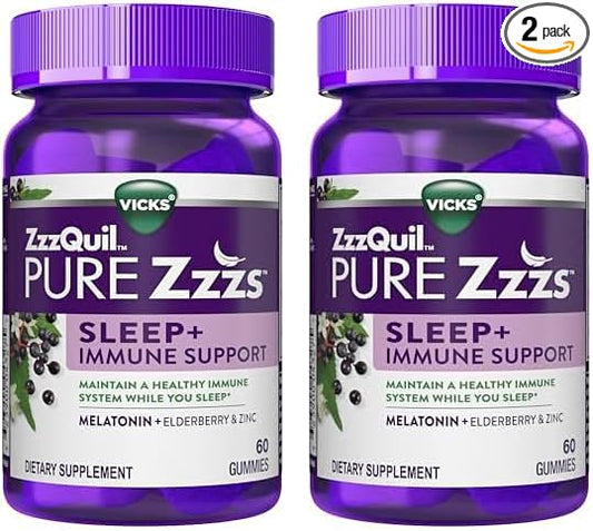 ZzzQuil Pure Zzzs Sleep + Immune Support Melatonin Sleep Aid Gummies with Elderberry, Zinc, Chamomile, Lavender, & Valerian Root, 1mg per Gummy, 60 ct (Pack of 2)